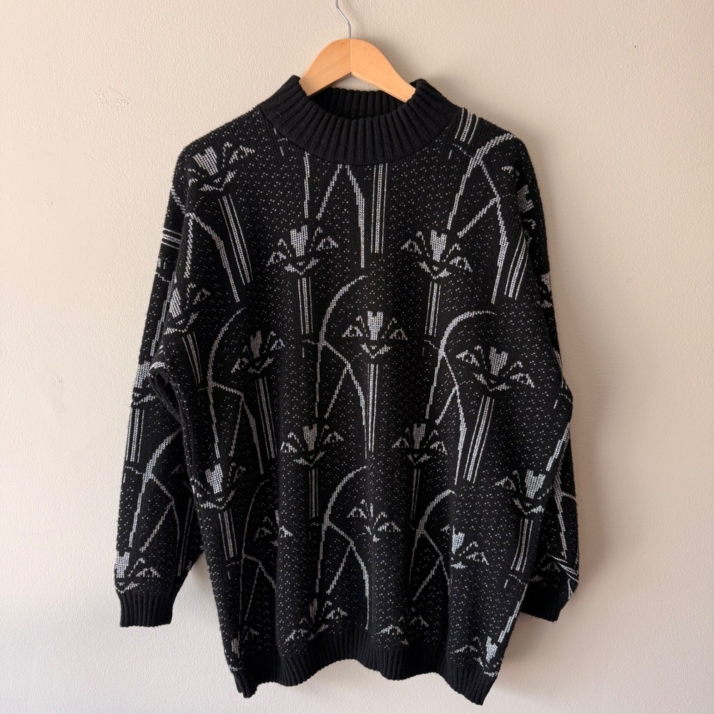 Vintage 80s 90s Jolie Made In USA Black Silver Crew Neck Long Sleeve Sweater